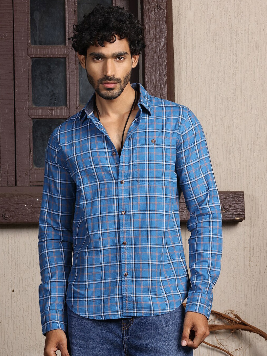 

Thomas Scott Premium Slim Fit Tartan Checks Opaque Cotton Casual Shirt, Blue