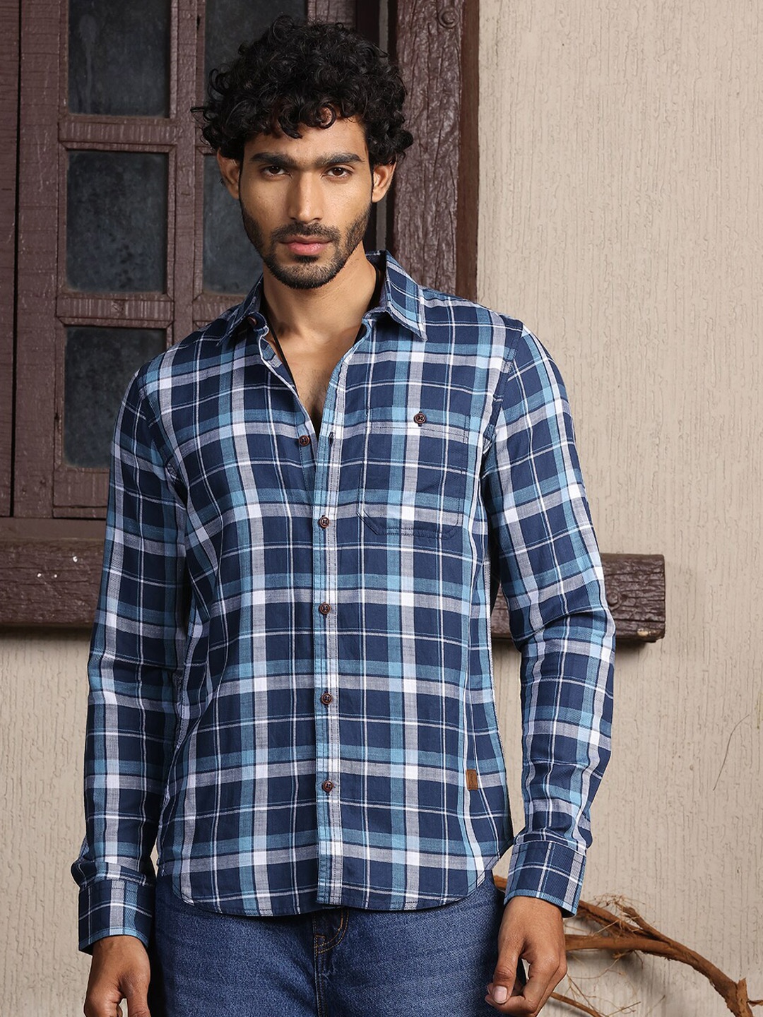 

Thomas Scott Premium Slim Fit Tartan Checks Opaque Cotton Casual Shirt, Blue