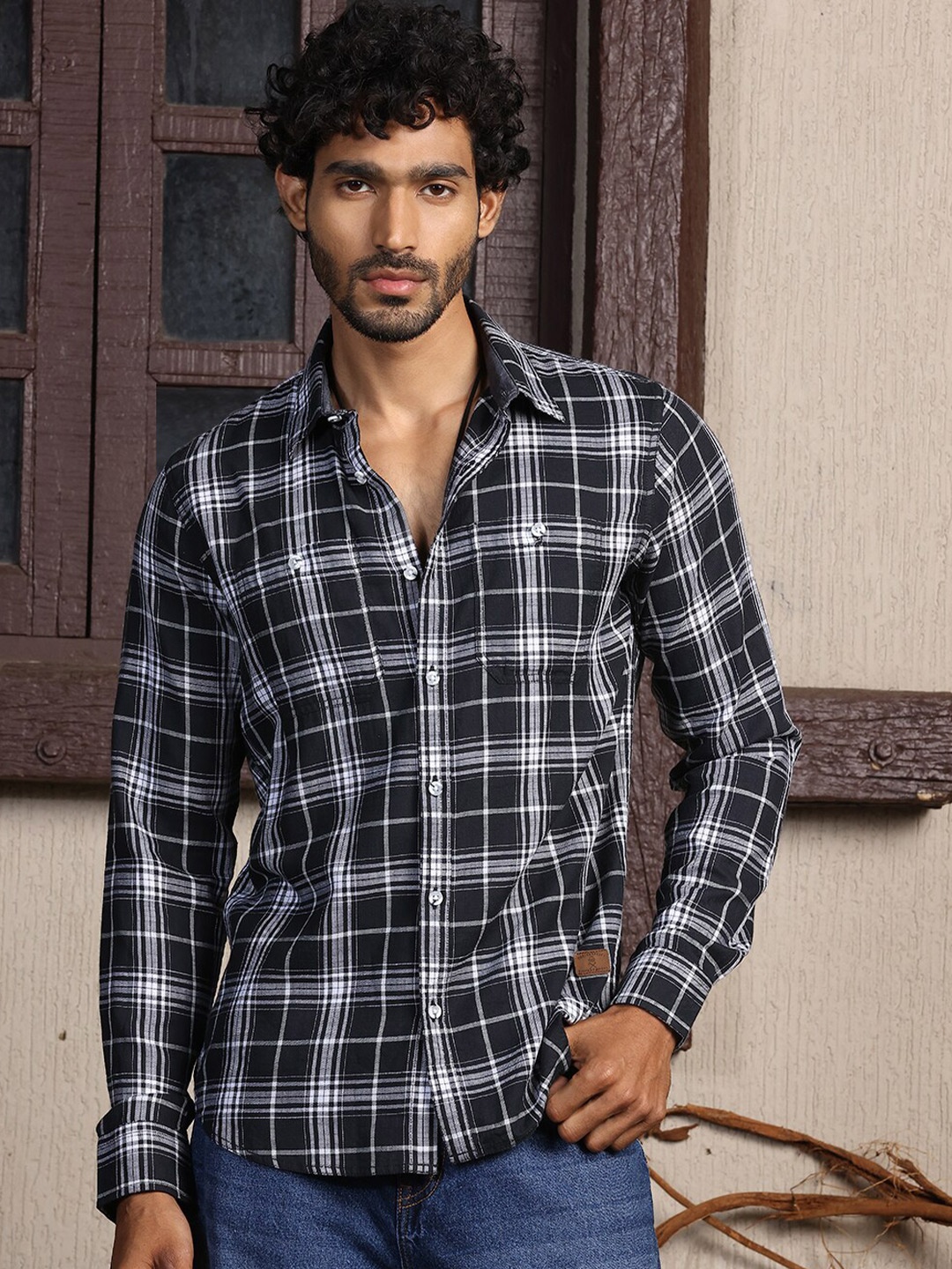 

Thomas Scott Spread Collar Long Sleeves Premium Slim Fit Cotton Tartan Checks Casual Shirt, Black