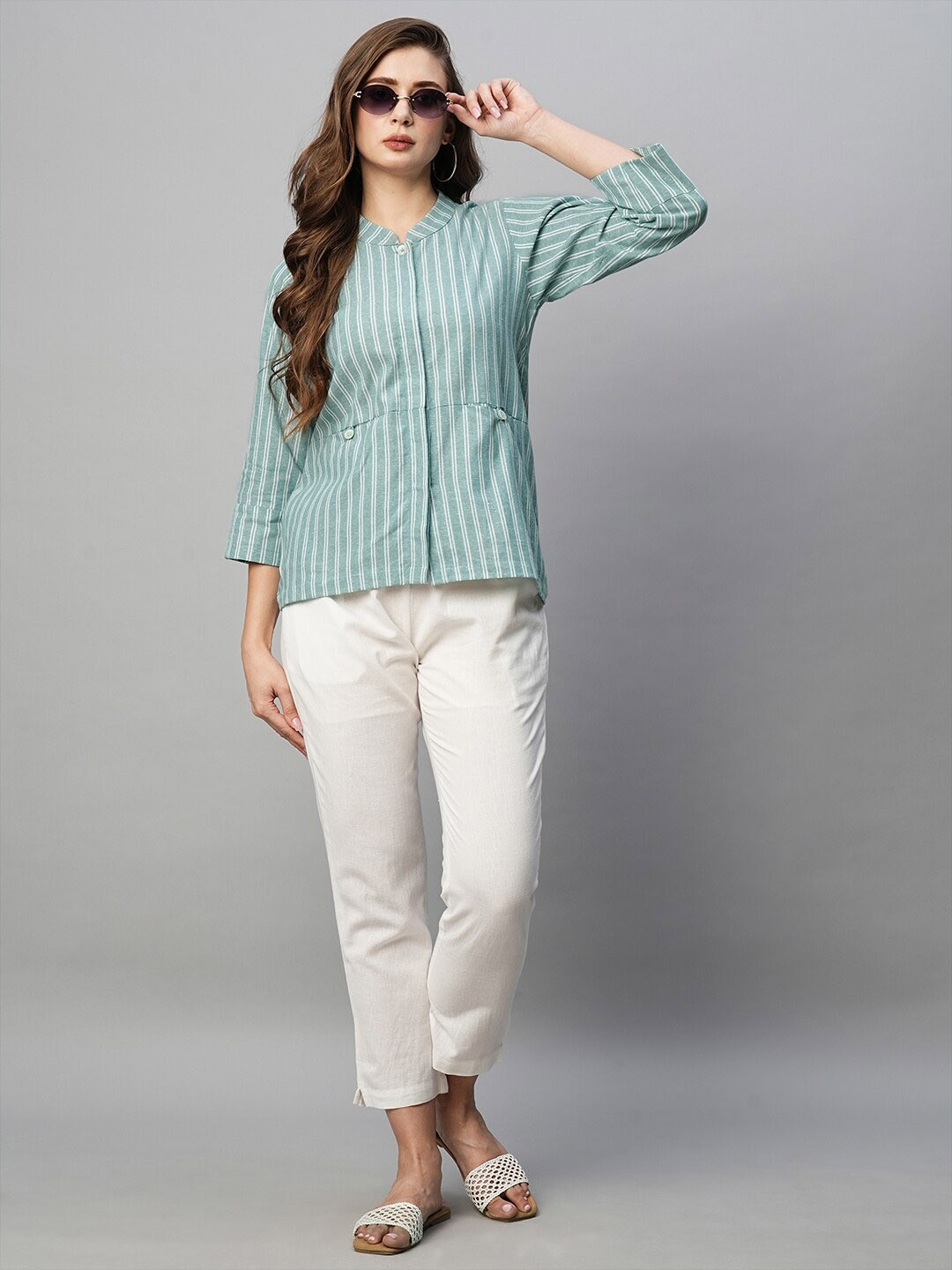 

Babli Vertical Stripes Mandarin Collar Regular Sleeve Cotton Top, Green