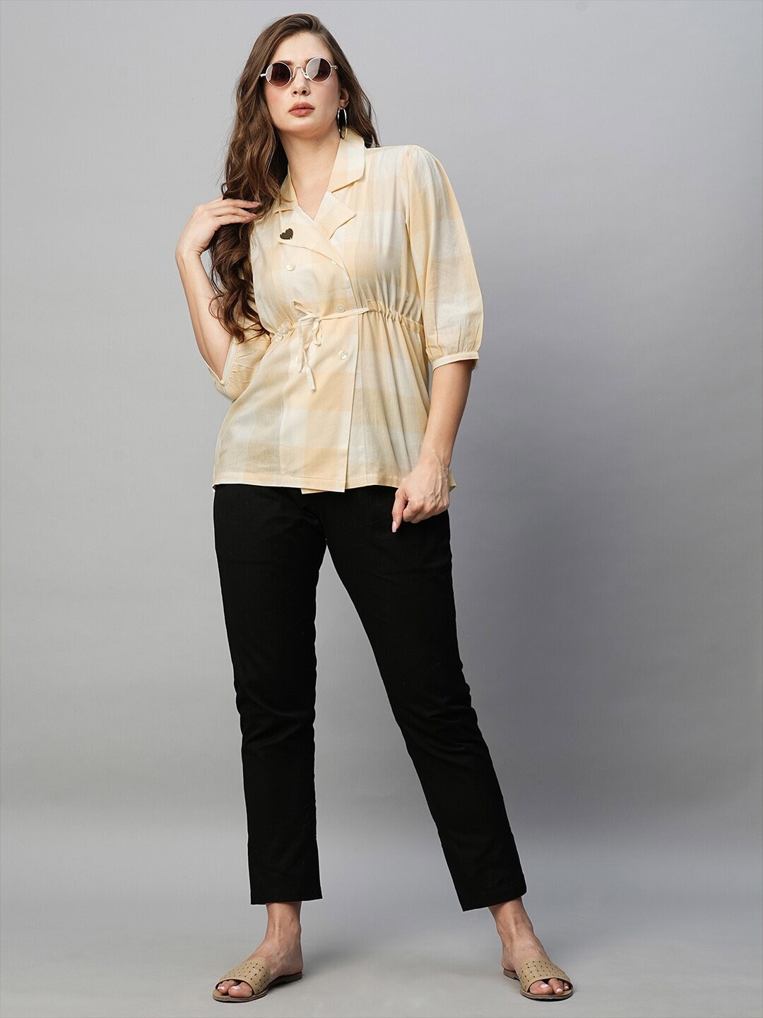 

Babli Shirt Collar Waist Tie-Ups Cotton Empire Top, Peach