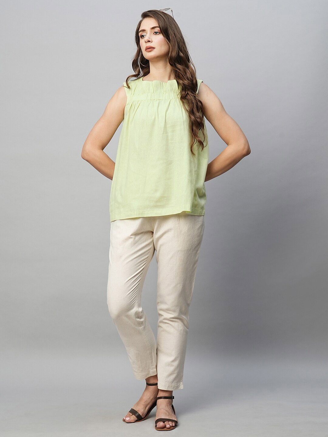 

Babli Gathered Sleeveless Cotton A-Line Top, Green