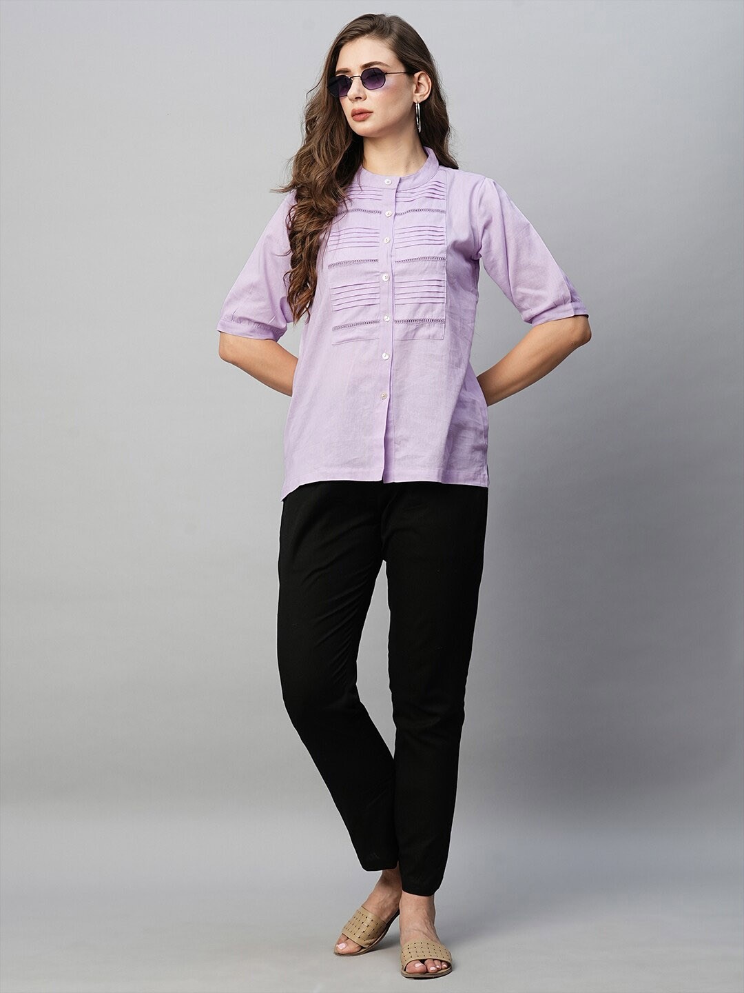

Babli Mandarin Collar Puff Sleeves Cotton Shirt Style Top, Purple