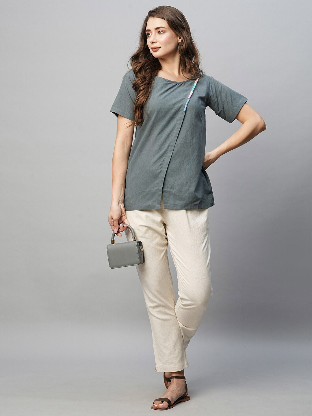 

Babli Embroidered Round Neck Regular Cotton Top, Grey