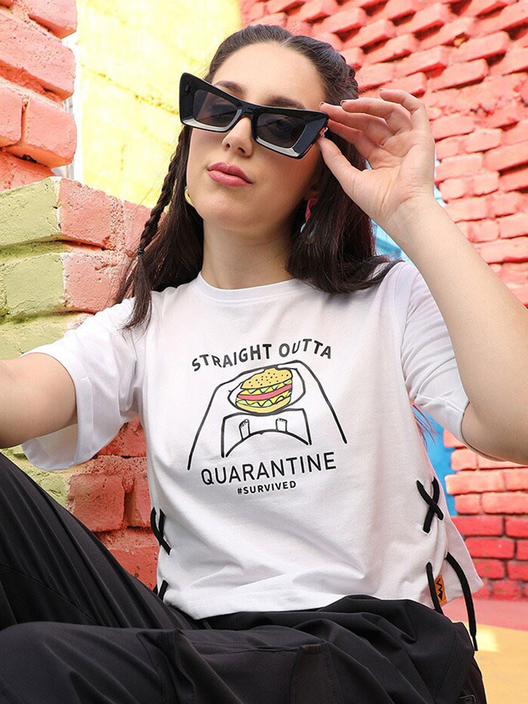 

PINACOLADA Typography Printed Round Neck Cotton Top, White