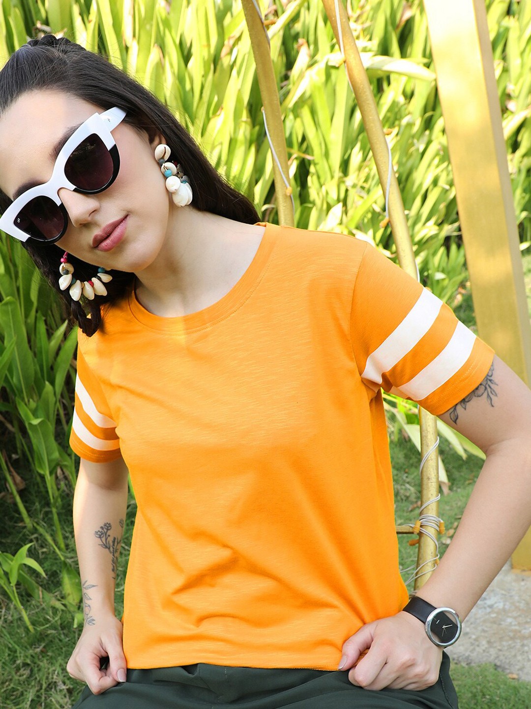 

PINACOLADA Striped Round Neck Short Sleeves Boxy Top, Yellow