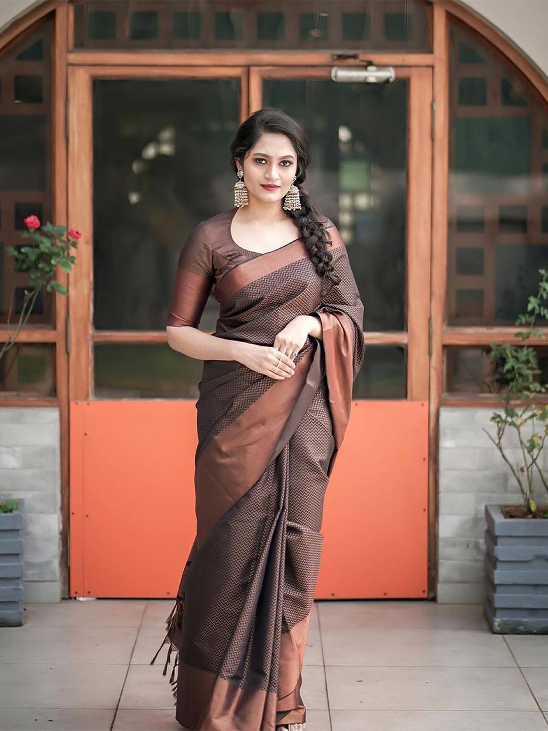 

Anjaneya Sarees Chevron Woven Design Zari Banarasi Saree, Brown