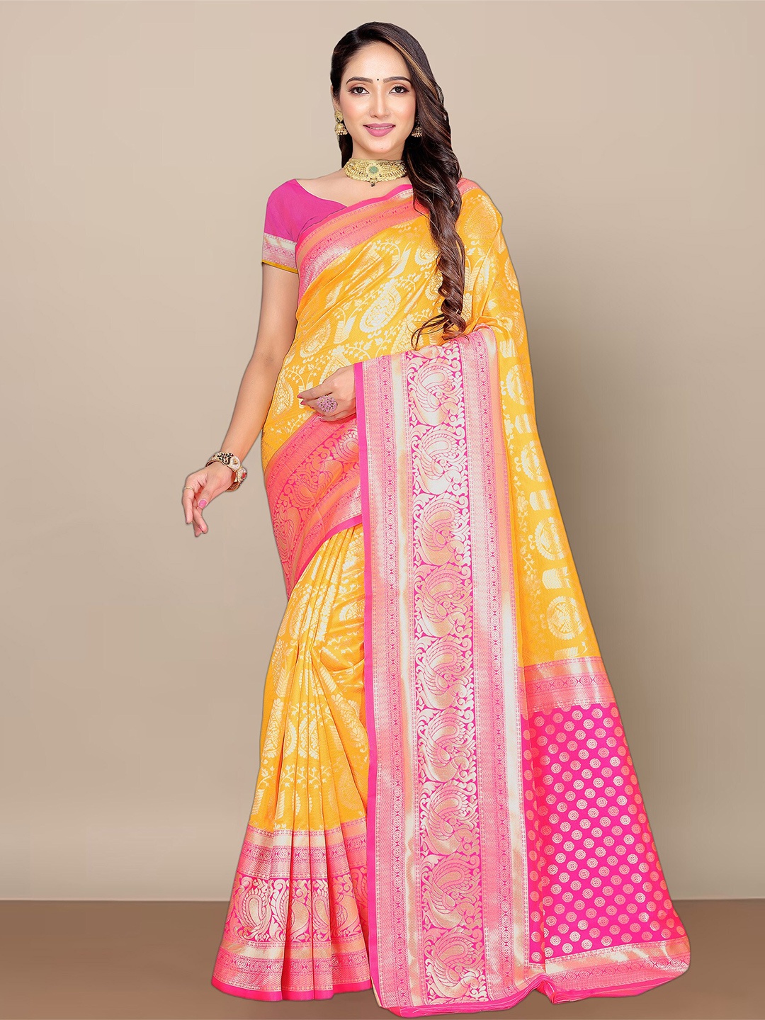 

Anjaneya Sarees Ethnic Motifs Woven Design Zari Banarasi Saree, Yellow
