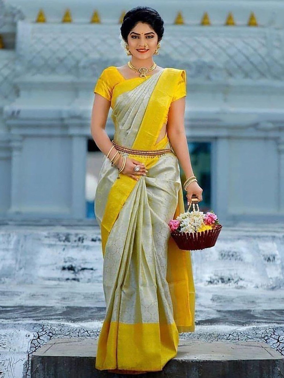 

Anjaneya Sarees Ethnic Motifs Woven Design Zari Banarasi Saree, Yellow