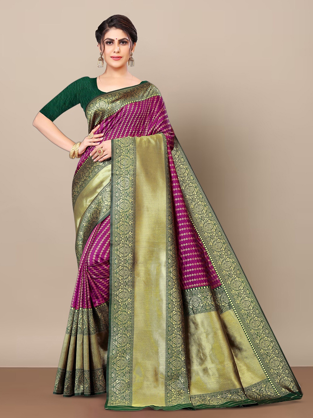 

Anjaneya Sarees Ethnic Motifs Woven Design Zari Banarasi Saree, Purple