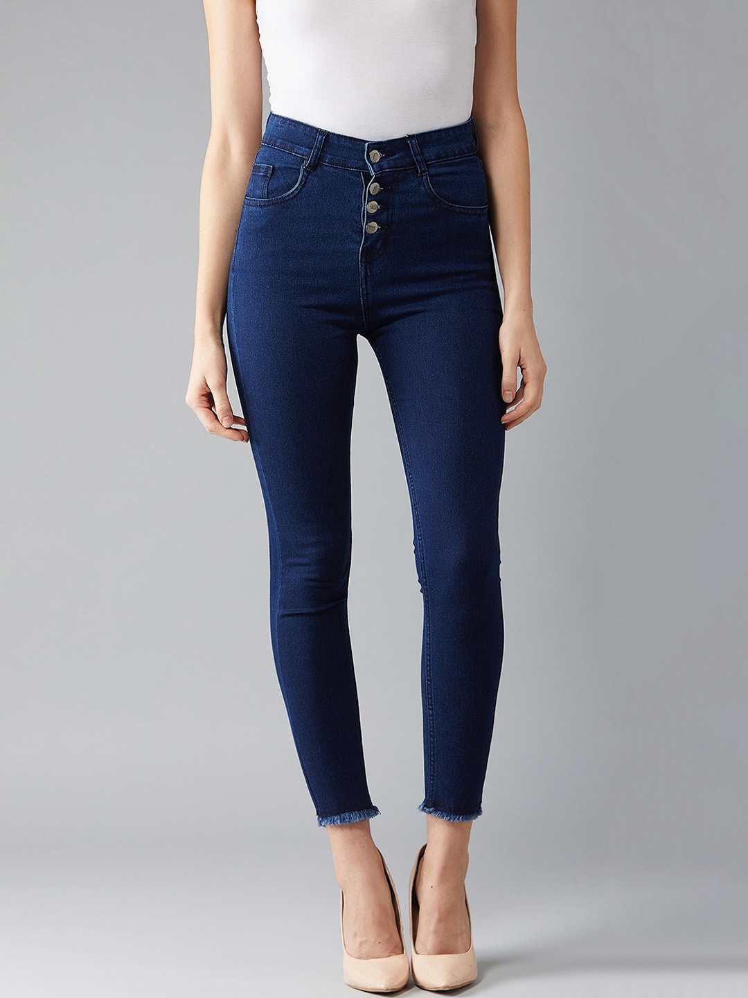 

Chemistry Women Skinny High Rise Solid Fringed Hemline Cropped Stretchable Denim Jeans, Navy blue