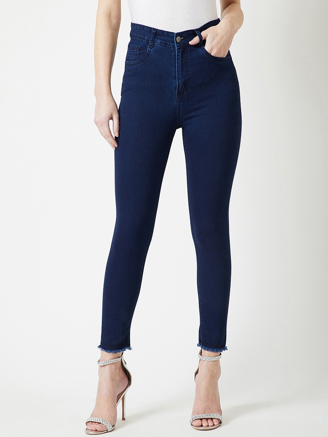

Chemistry Women Skinny High Rise Solid Cropped Fringed Hemline Stretchable Denim Jeans, Navy blue
