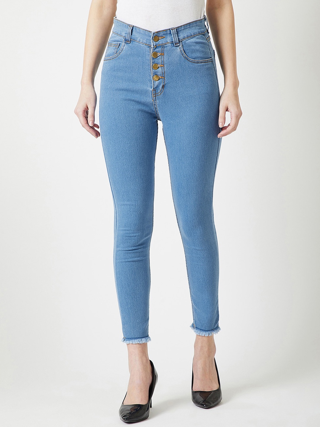 

Chemistry Women Skinny Solid High Rise Cropped Fringed Hemline Stretchable Denim Jeans, Blue