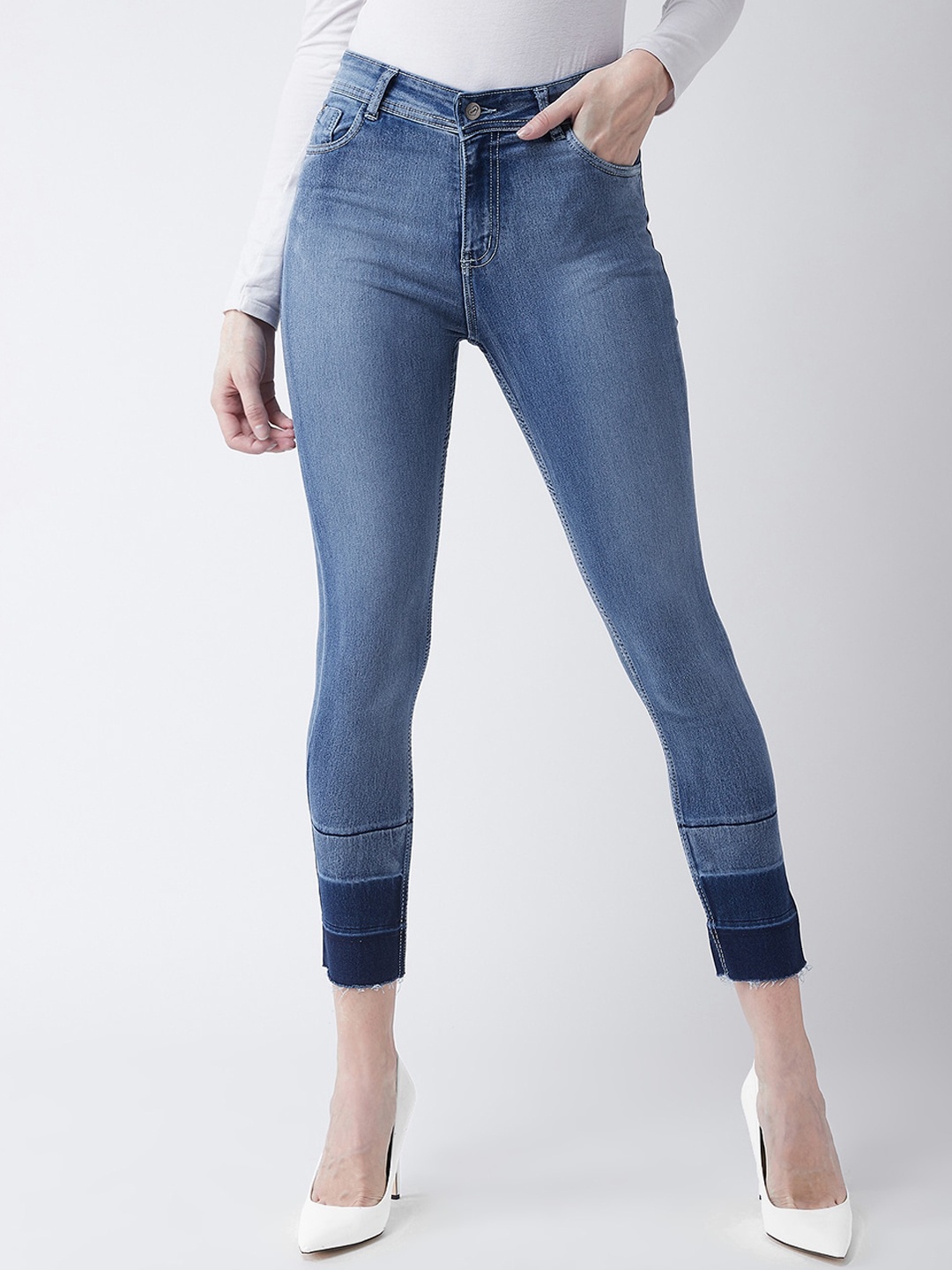 

Chemistry Women Skinny Fit High Rise Stretchable Regular Length Bleached Denim Jeans, Blue