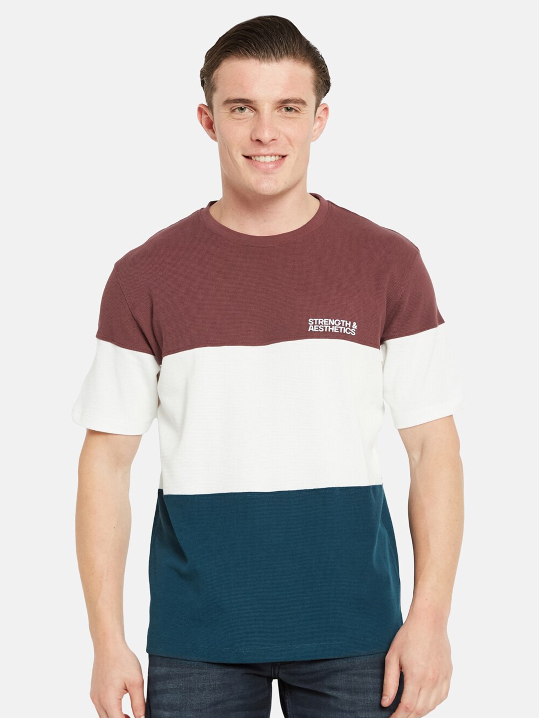 

Octave Round Neck Short Sleeves Colourblocked Regular Fit Cotton T-shirt, Rust