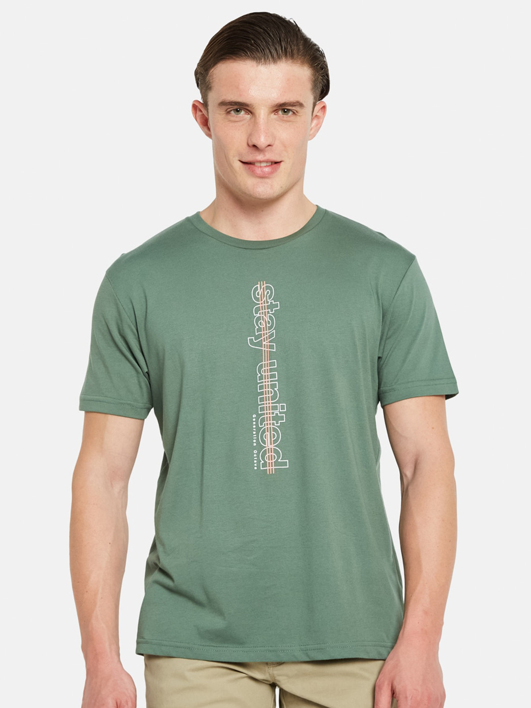 

Octave Typography Printed Round Neck Short Sleeves Cotton T-shirt, Green