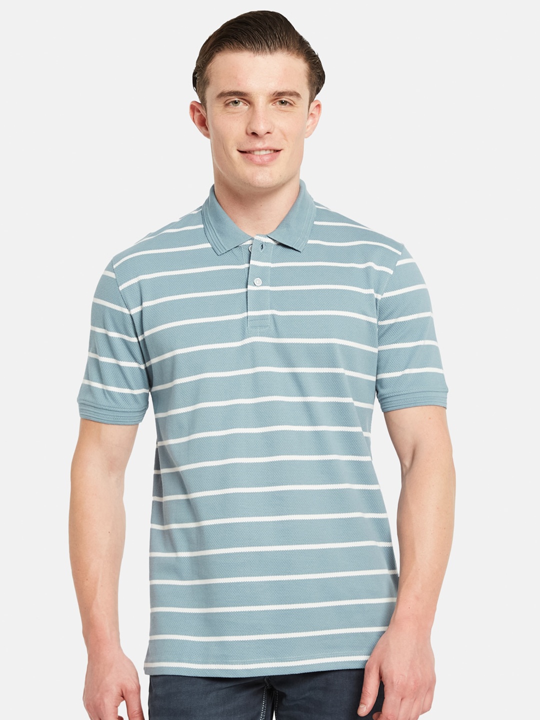 

Octave Polo Collar Short Sleeveless Striped Regular Fit Cotton T-shirt, Blue