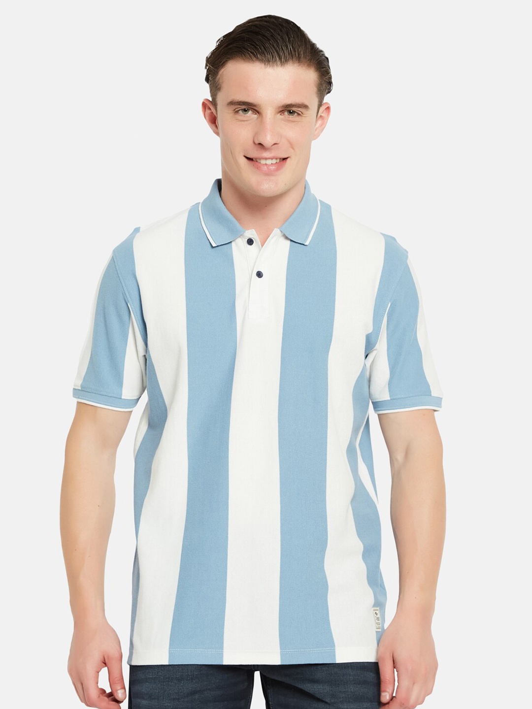 

Octave Polo Collar Short Sleeveless Striped Regular Fit Cotton T-shirt, Blue