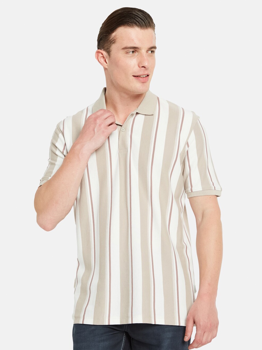 

Octave Striped Polo Collar Short Sleeves Cotton T-shirt, Beige