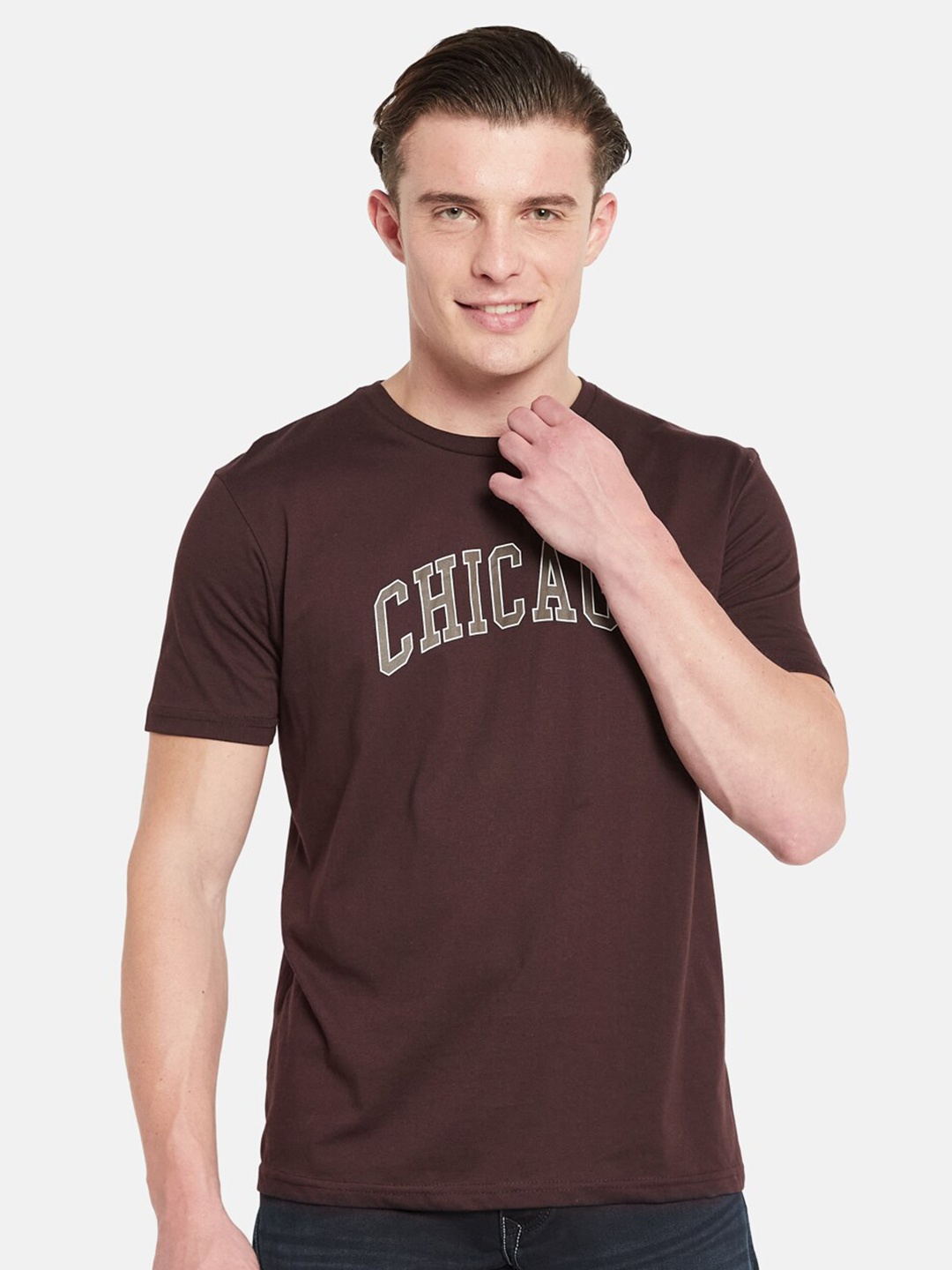 

Octave Short Sleeves Round Neck Typography Printed Cotton T-shirt, Burgundy