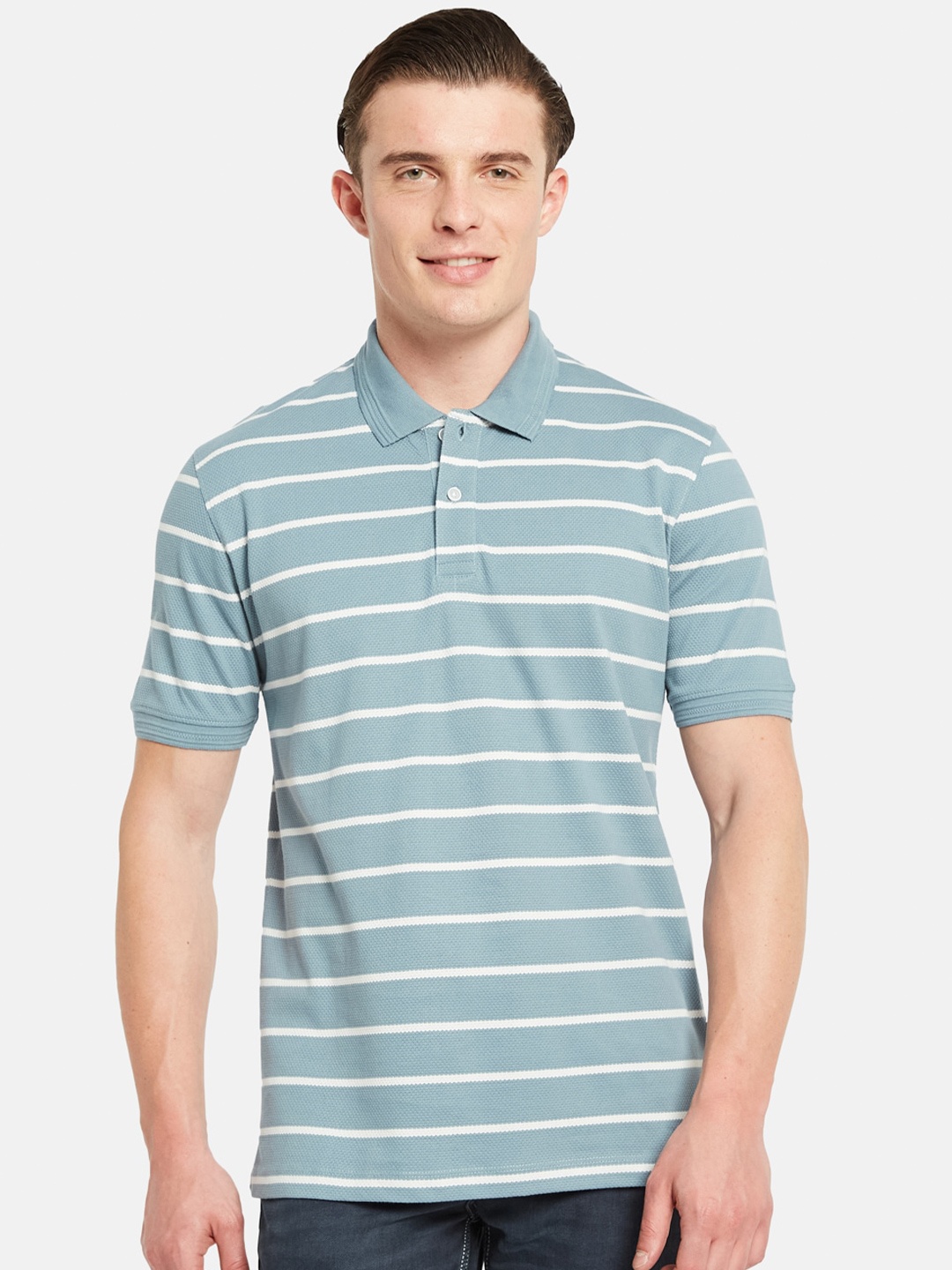 

Octave Striped Printed Polo Collar Cotton Casual T-shirt, Blue