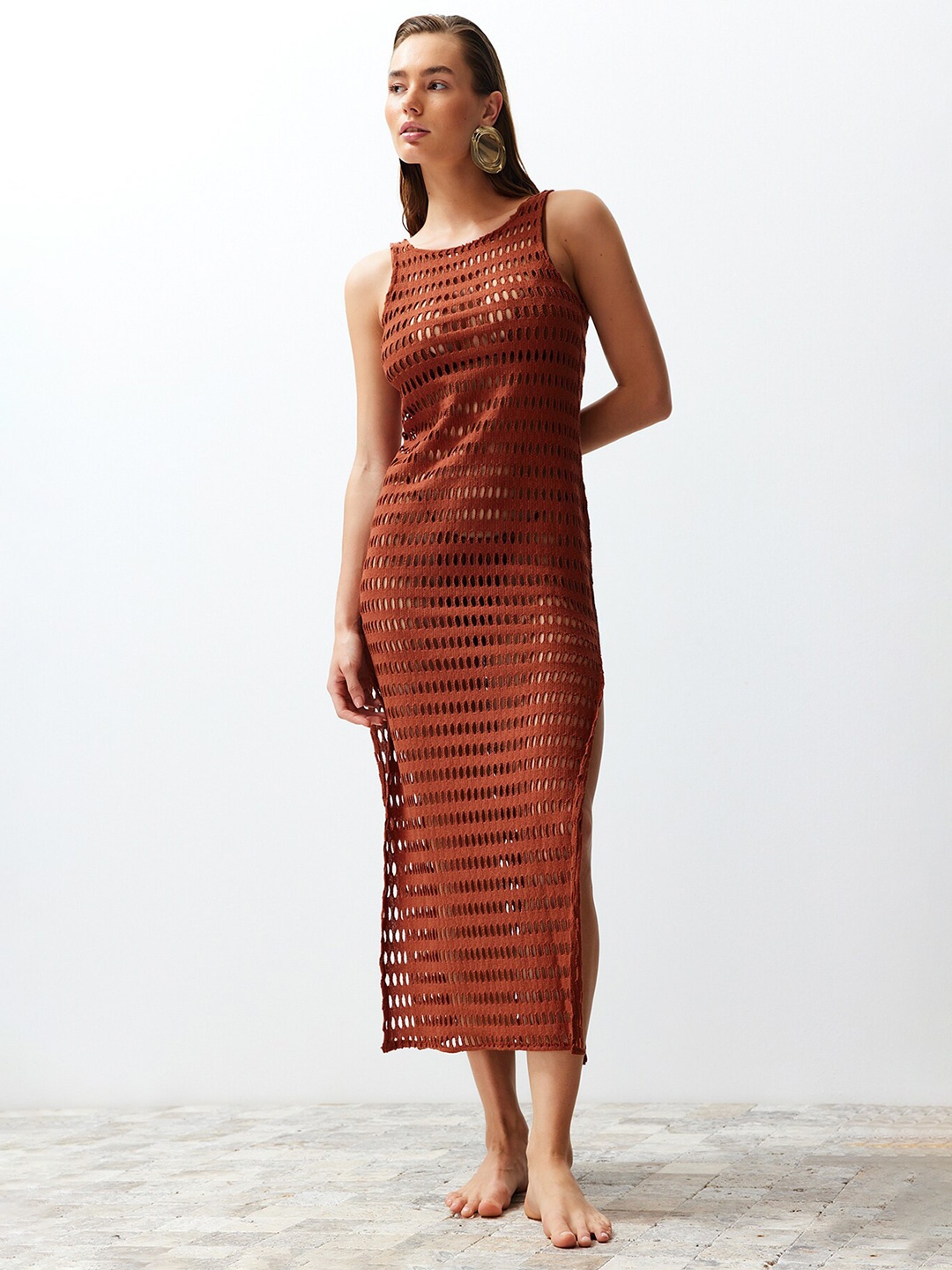 

Trendyol Printed Round Neck Sheath Midi Dress, Rust