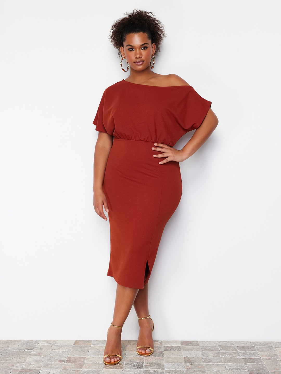 

Trendyol One Shoulder Plus Size Sheath Midi Dress, Na