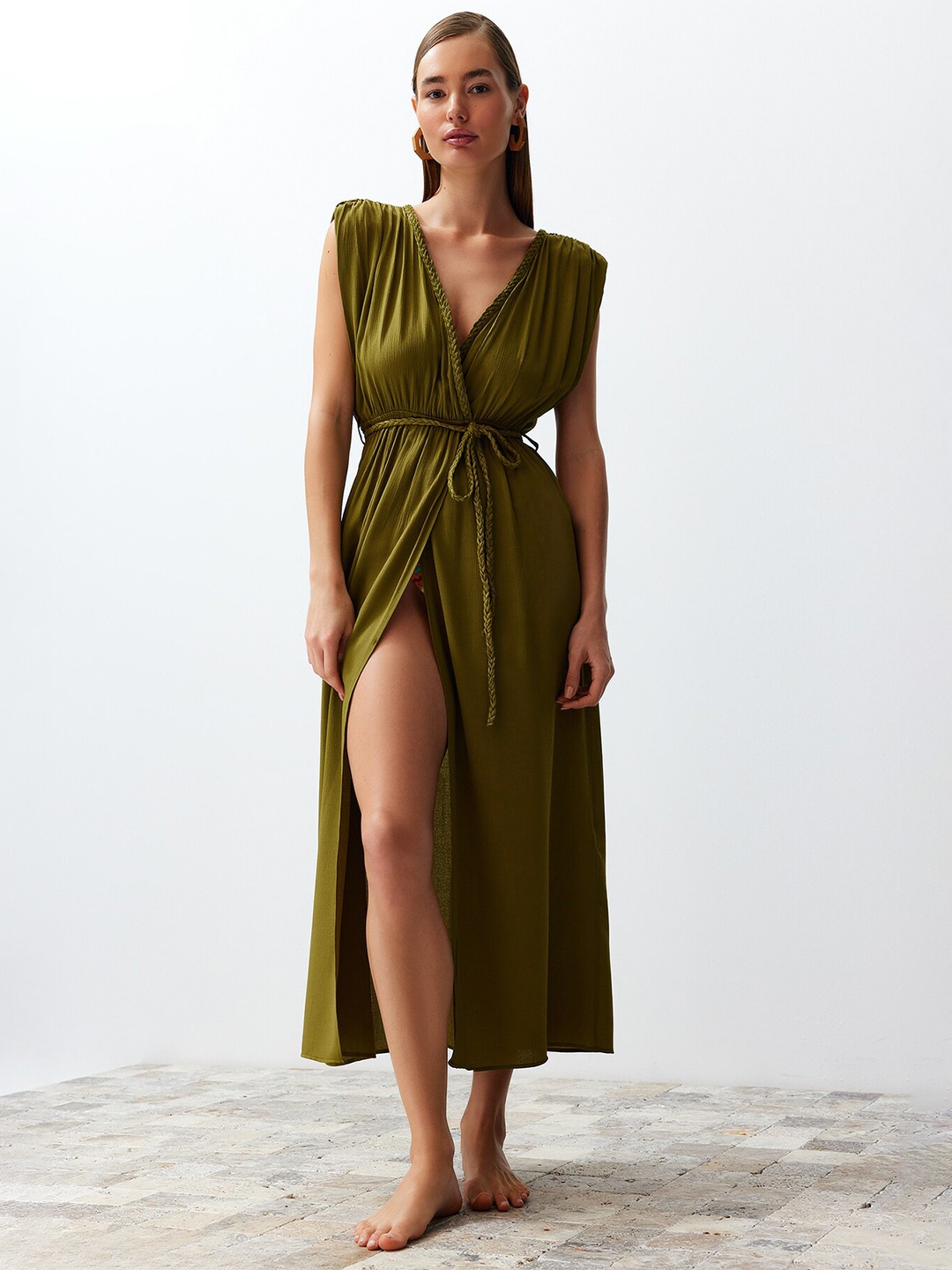 

Trendyol V-Neck Gathered Wrap Midi Dress, Green