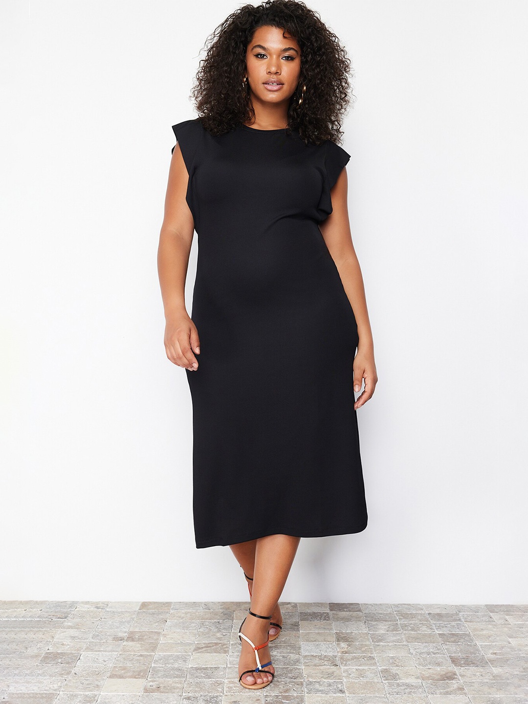 

Trendyol Flutter Sleeves Pure Cotton A-Line Midi Dress, Black