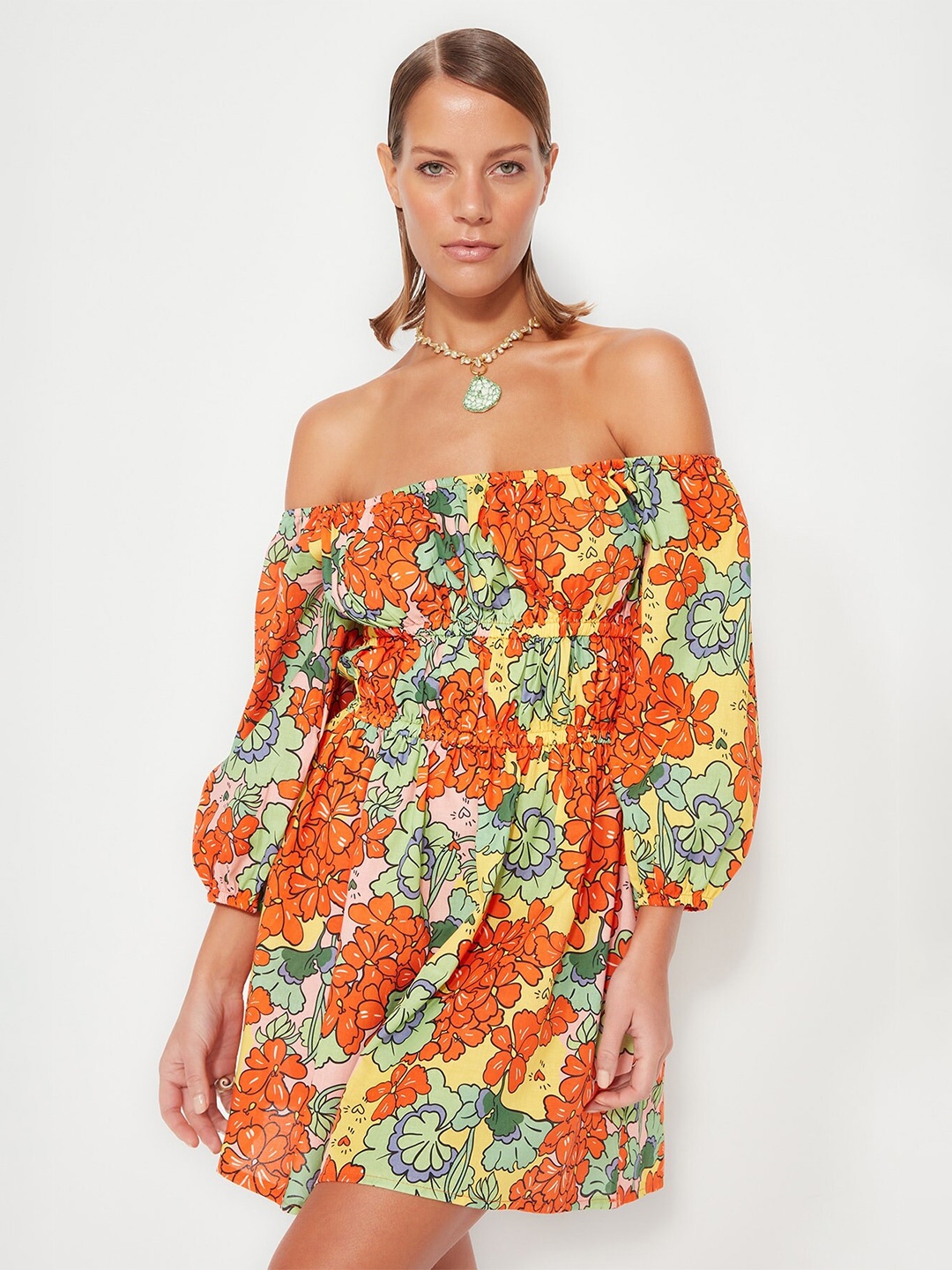 

Trendyol Floral Printed Off-Shoulder Puff Sleeves Cotton Mini A-Line Dress, Orange