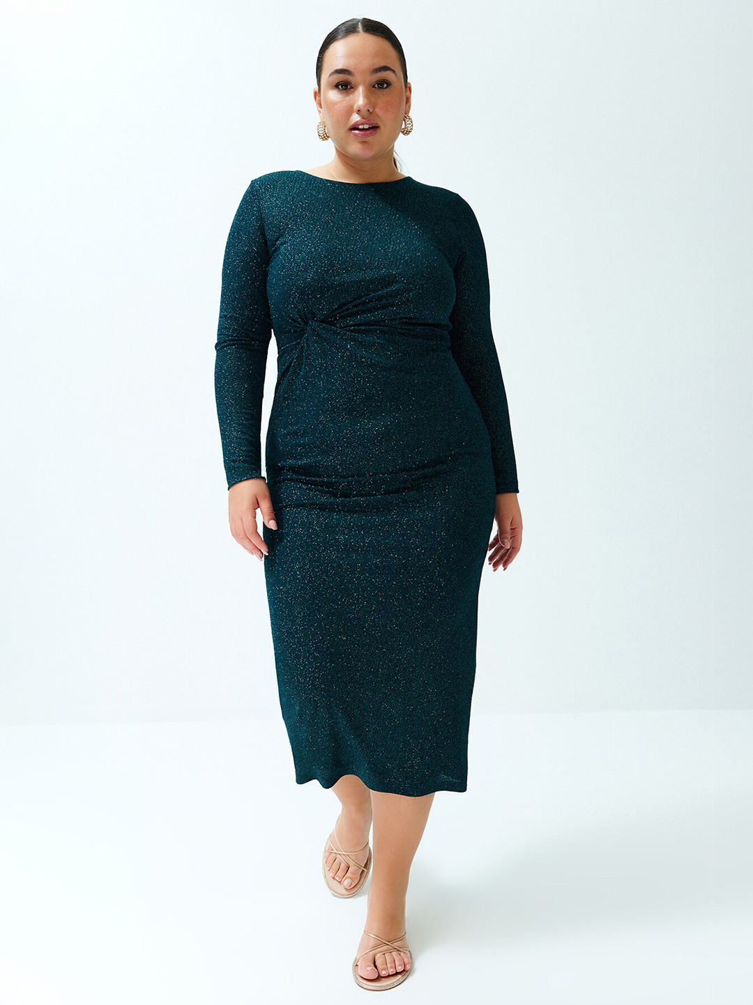 

Trendyol Self Design Round Neck Plus Size Sheath Midi Dress, Green