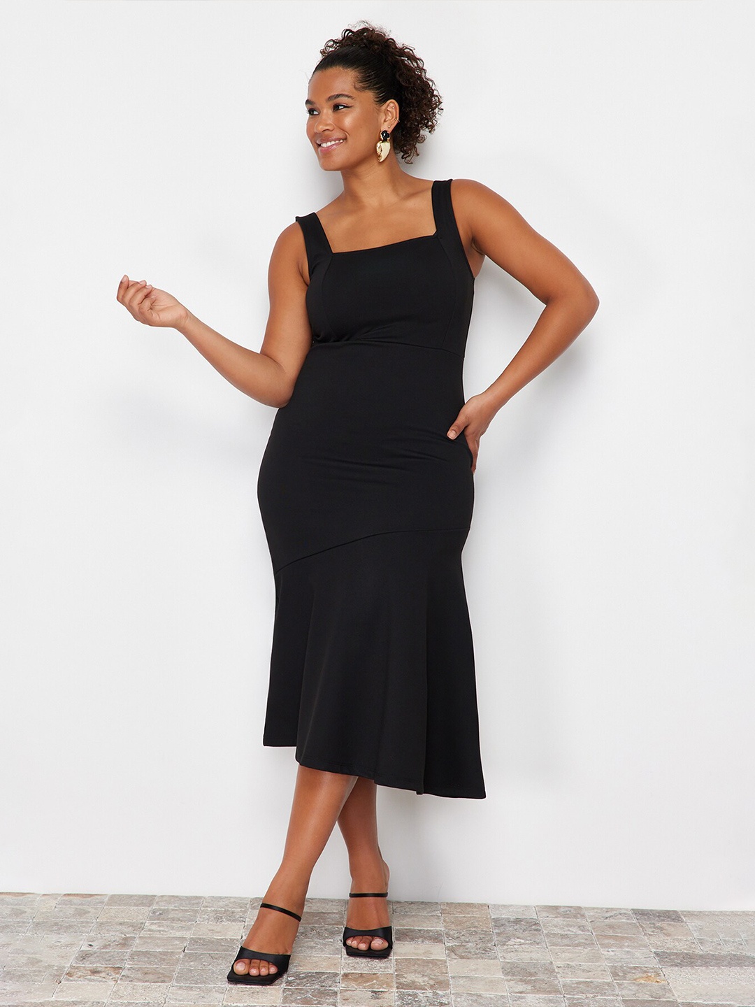 

Trendyol Plus Size Shoulder Straps Sheath Pure Cotton Midi Dress, Black