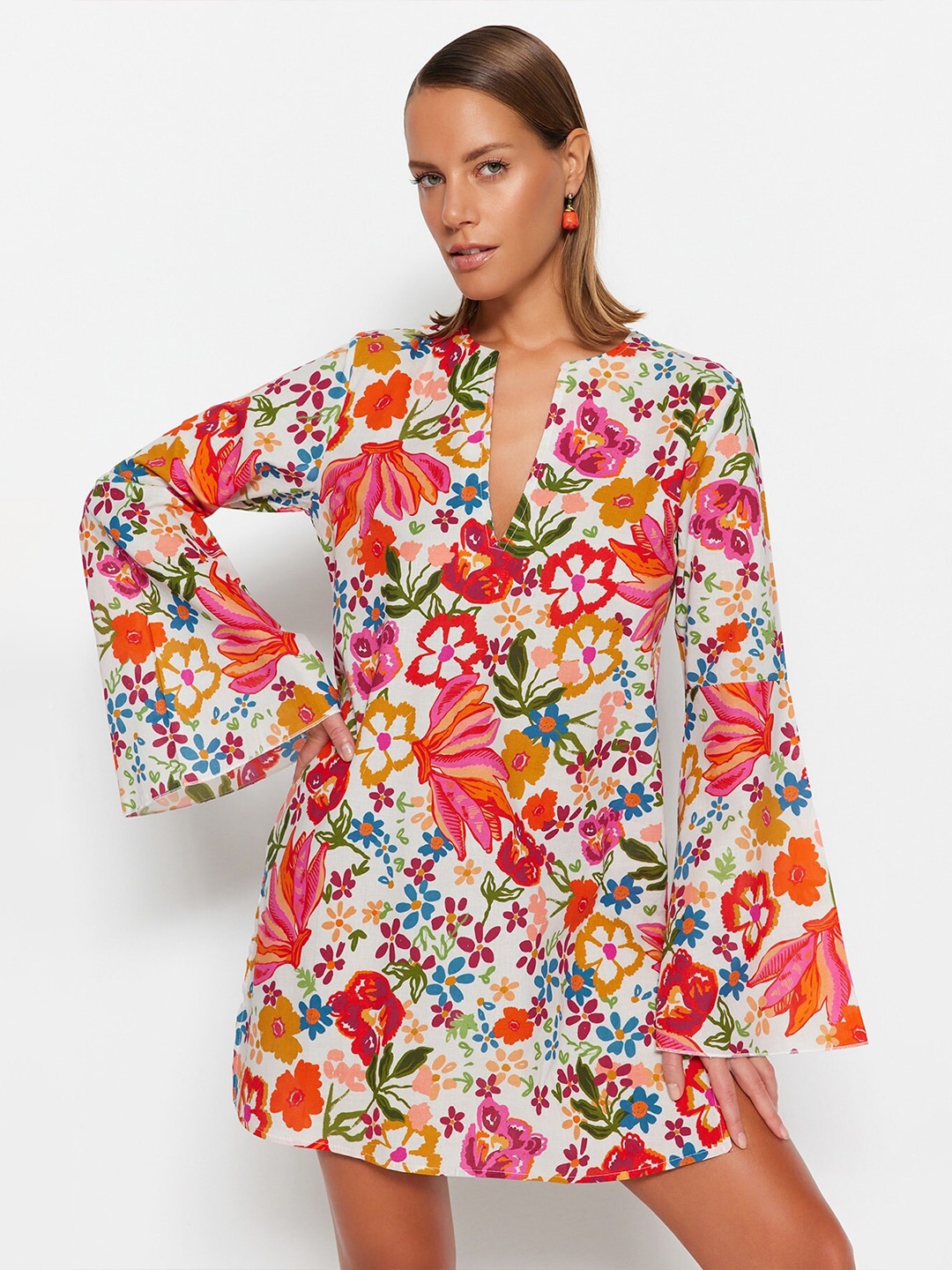 

Trendyol Floral Printed Bell Sleeve Cotton Mini A-Line Dress, Orange