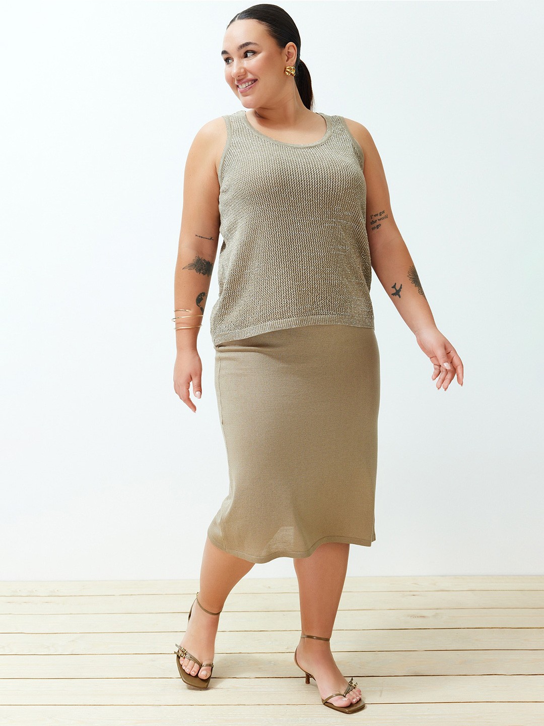 

Trendyol Plus Size Sleeveless Acrylic Sheath Midi Dress With Top, Green