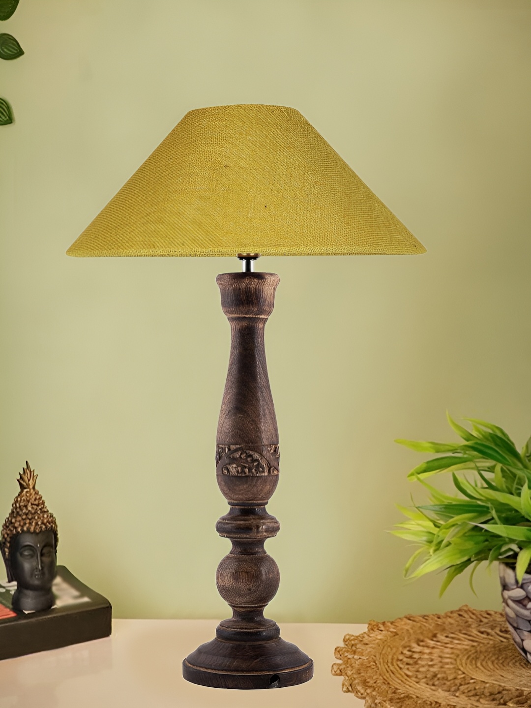 

Devansh Yellow & Brown Textured Wooden Traditional Frustum Table Lamp