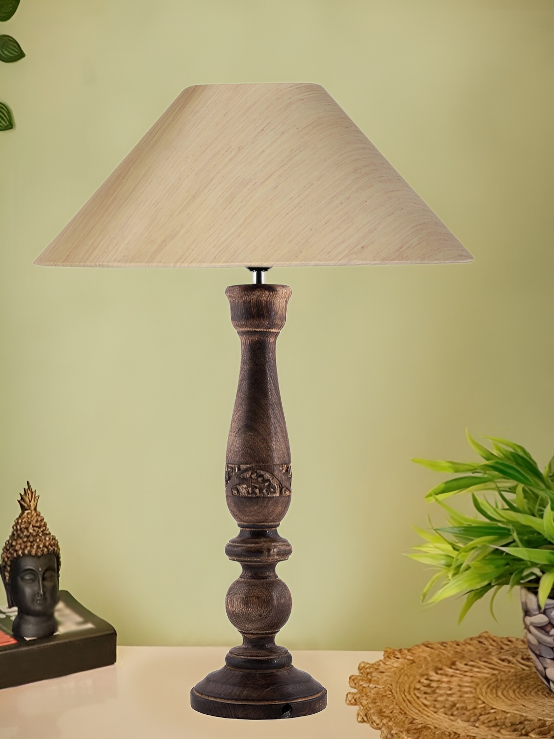 

Devansh Off White & Brown Textured Wooden Traditional Frustum Table Lamp