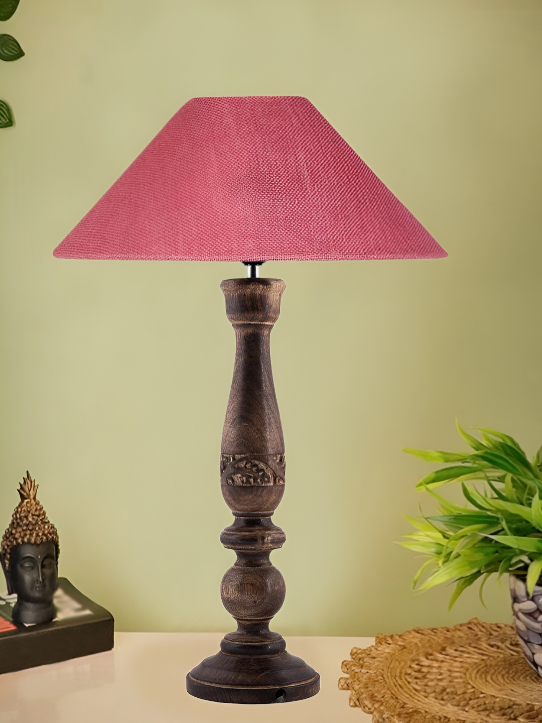 

Devansh Pink & Brown Textured Wooden Traditional Frustum Table Lamp