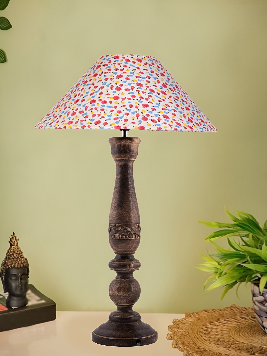 

Devansh White & Brown Printed Wooden Traditional Frustum Table Lamp