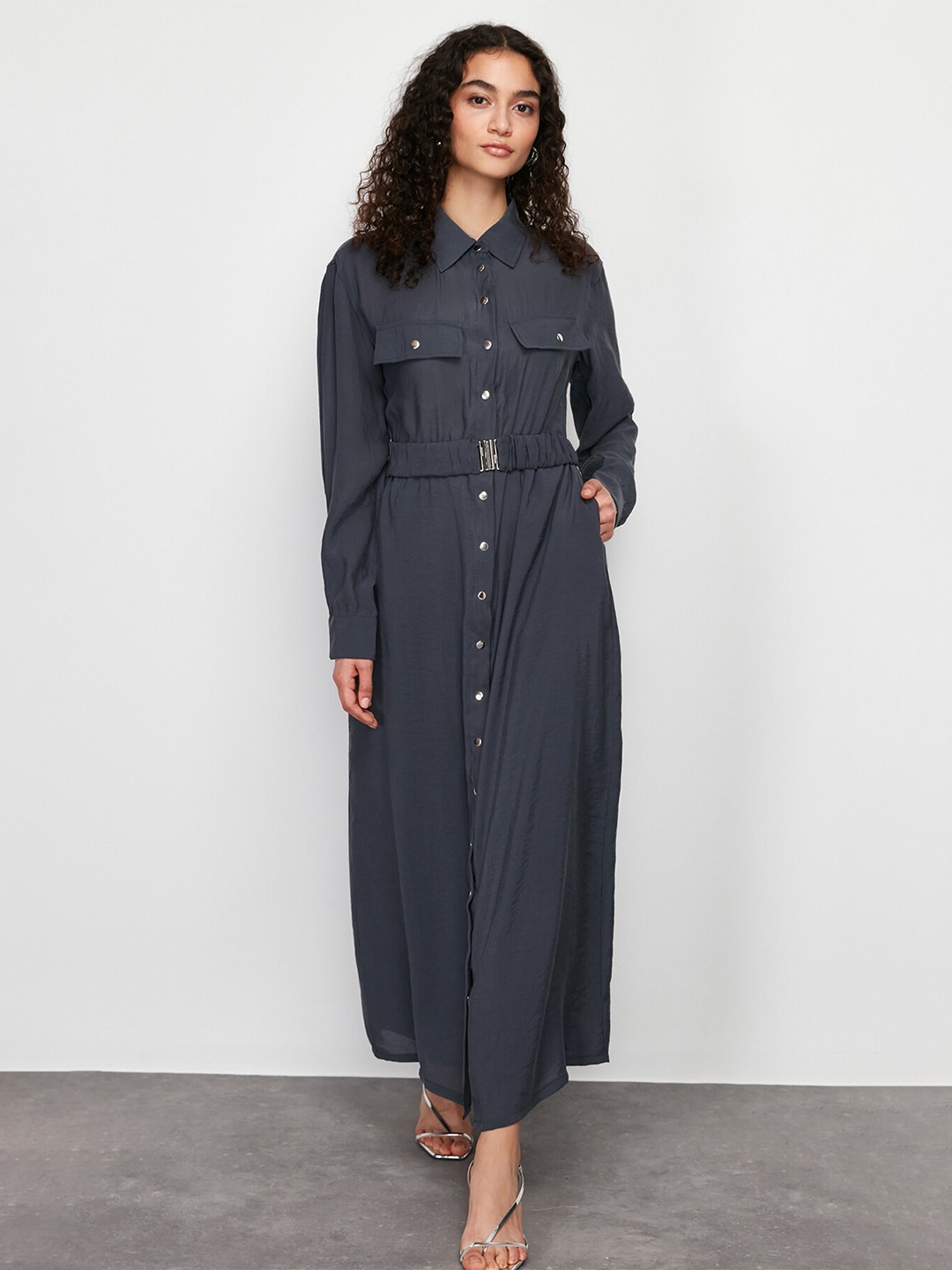 

Trendyol Shirt Collar Long Sleeves Shirt Maxi Dress, Na