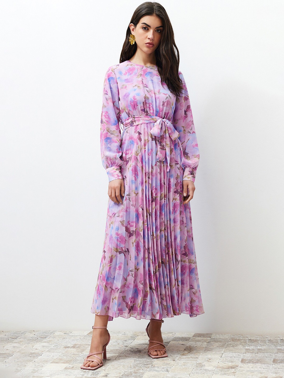 

Trendyol Floral Print Puff Sleeve Maxi Dress, Pink