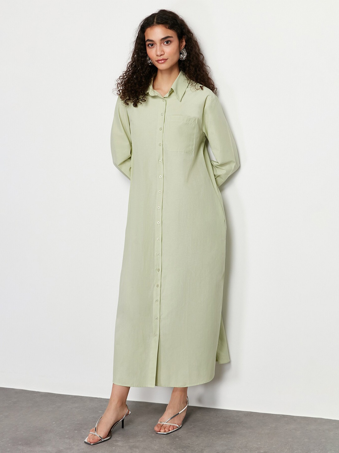 

Trendyol Cuffed Sleeves Shirt Style Maxi Dress, Green