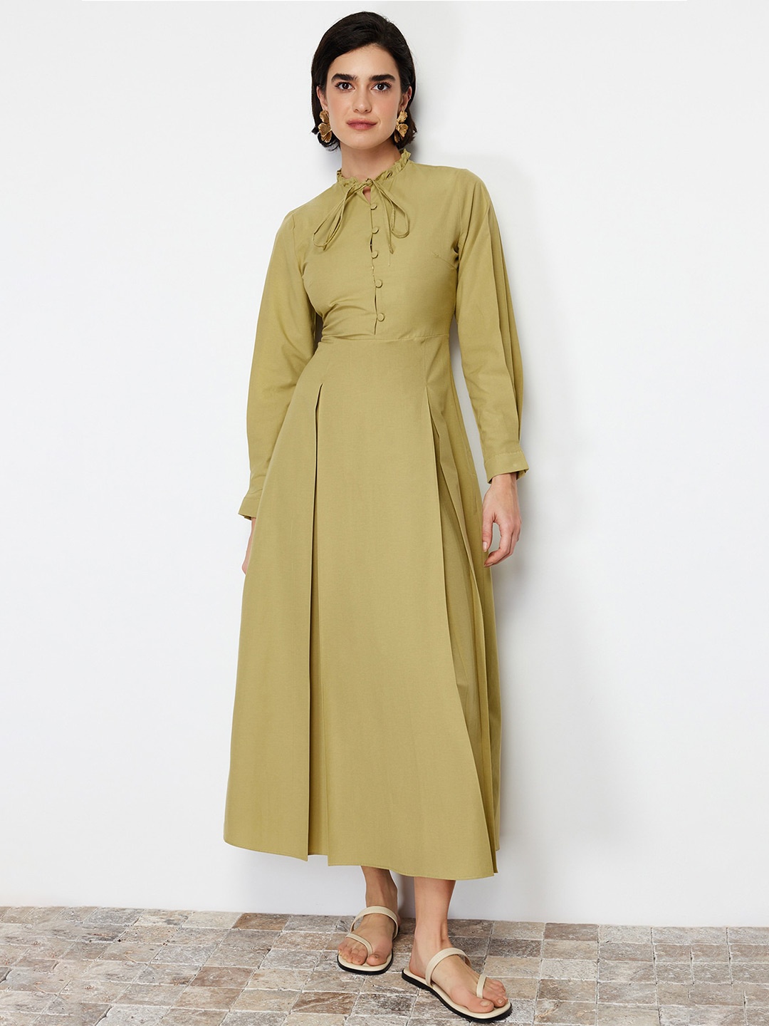 

Trendyol Tie-Up Neck Long Sleeves Fit & Flare Cotton Midi Dress, Brown