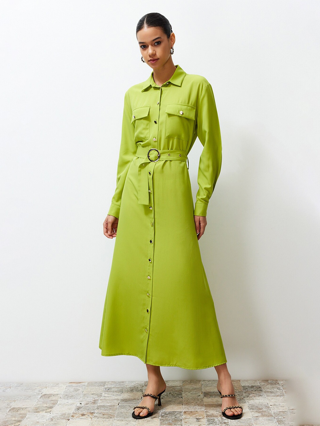 

Trendyol Shirt Collar Maxi Cuffed Sleeves Shirt Dress, Green