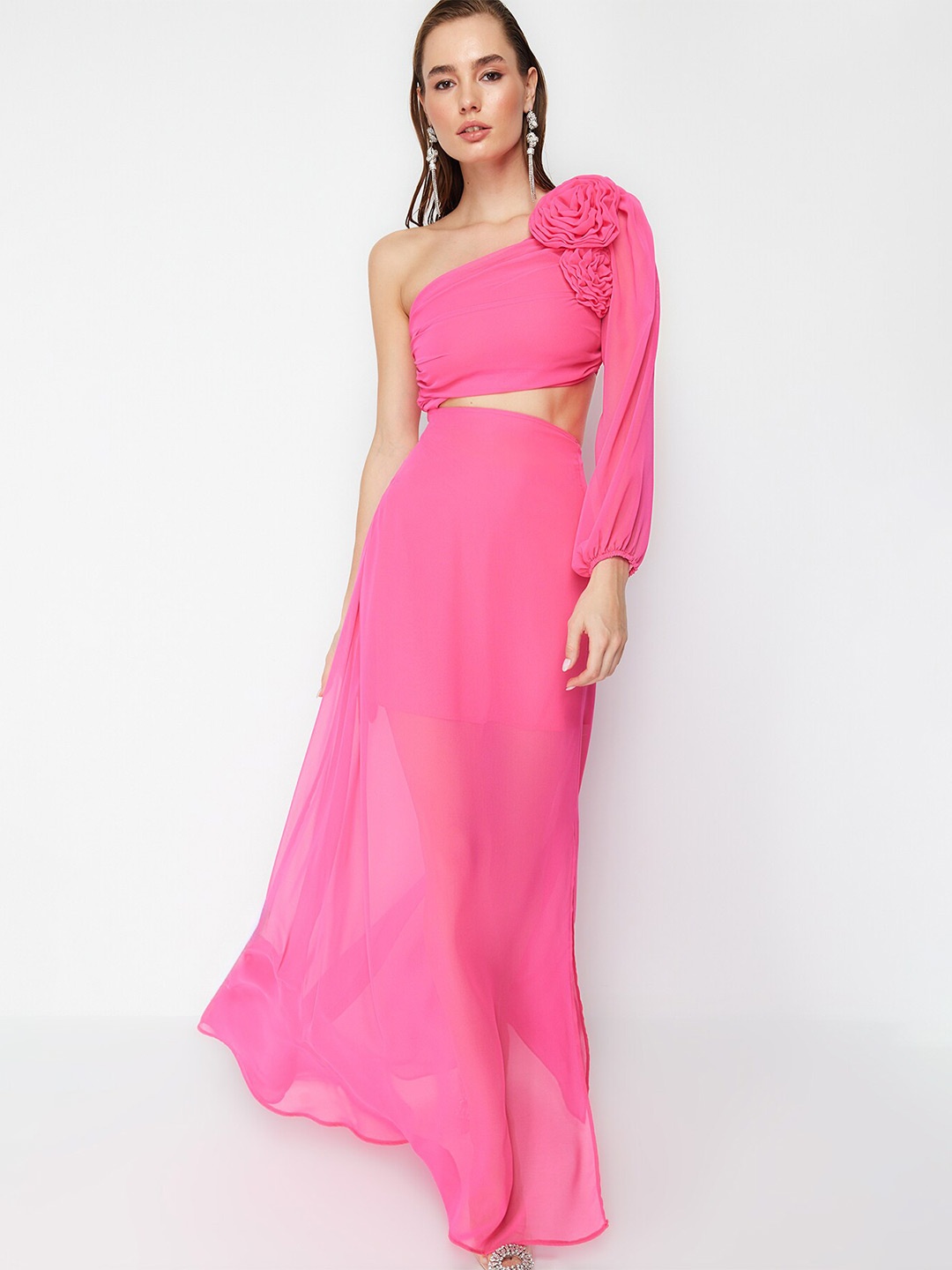 

Trendyol One Shoulder Puff Sleeve Cut-Outs Maxi Dress, Pink