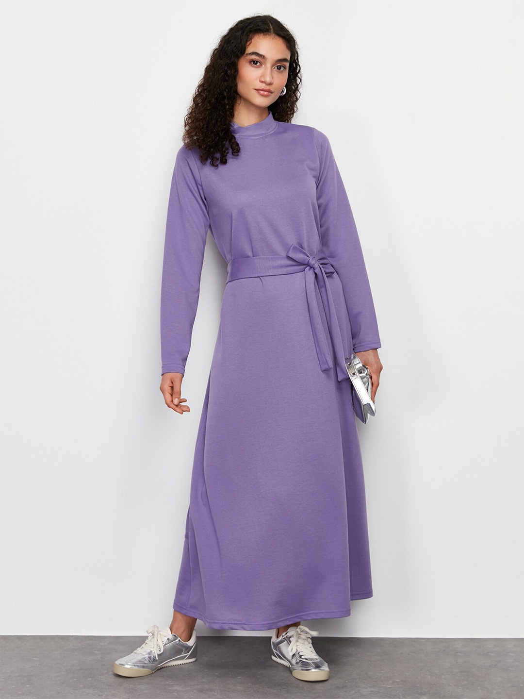 

Trendyol High Neck Long Sleeves Belted Maxi Dress, Purple