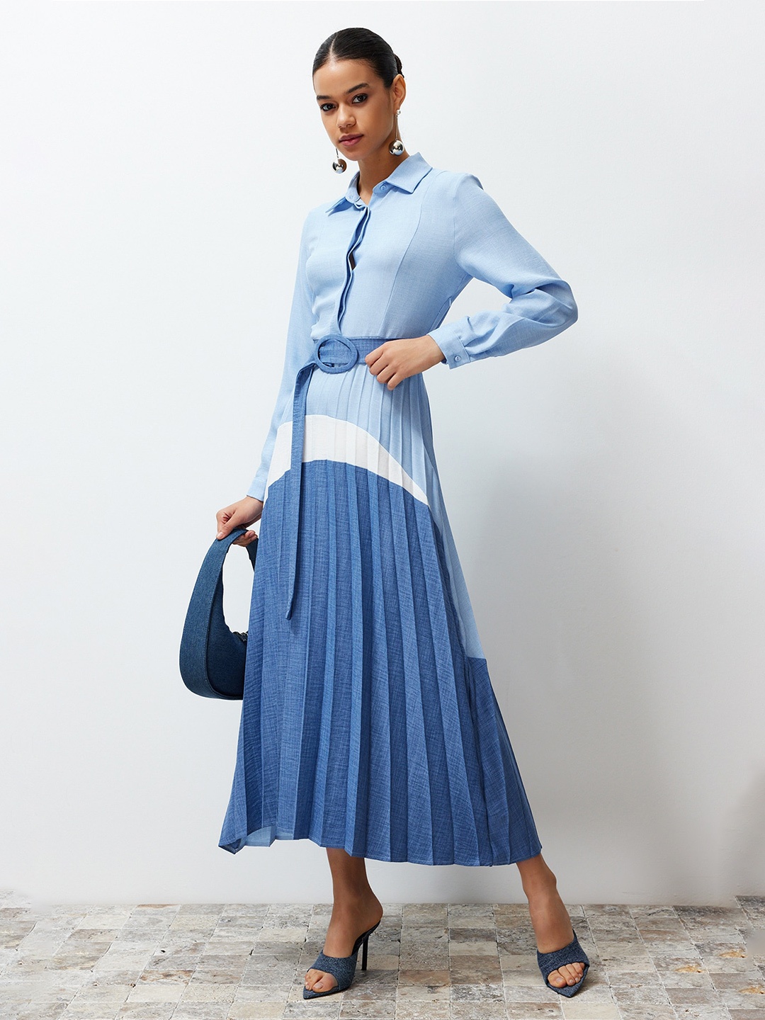 

Trendyol Tie and Dye Long Sleeves Shirt Collar Maxi Dress, Blue