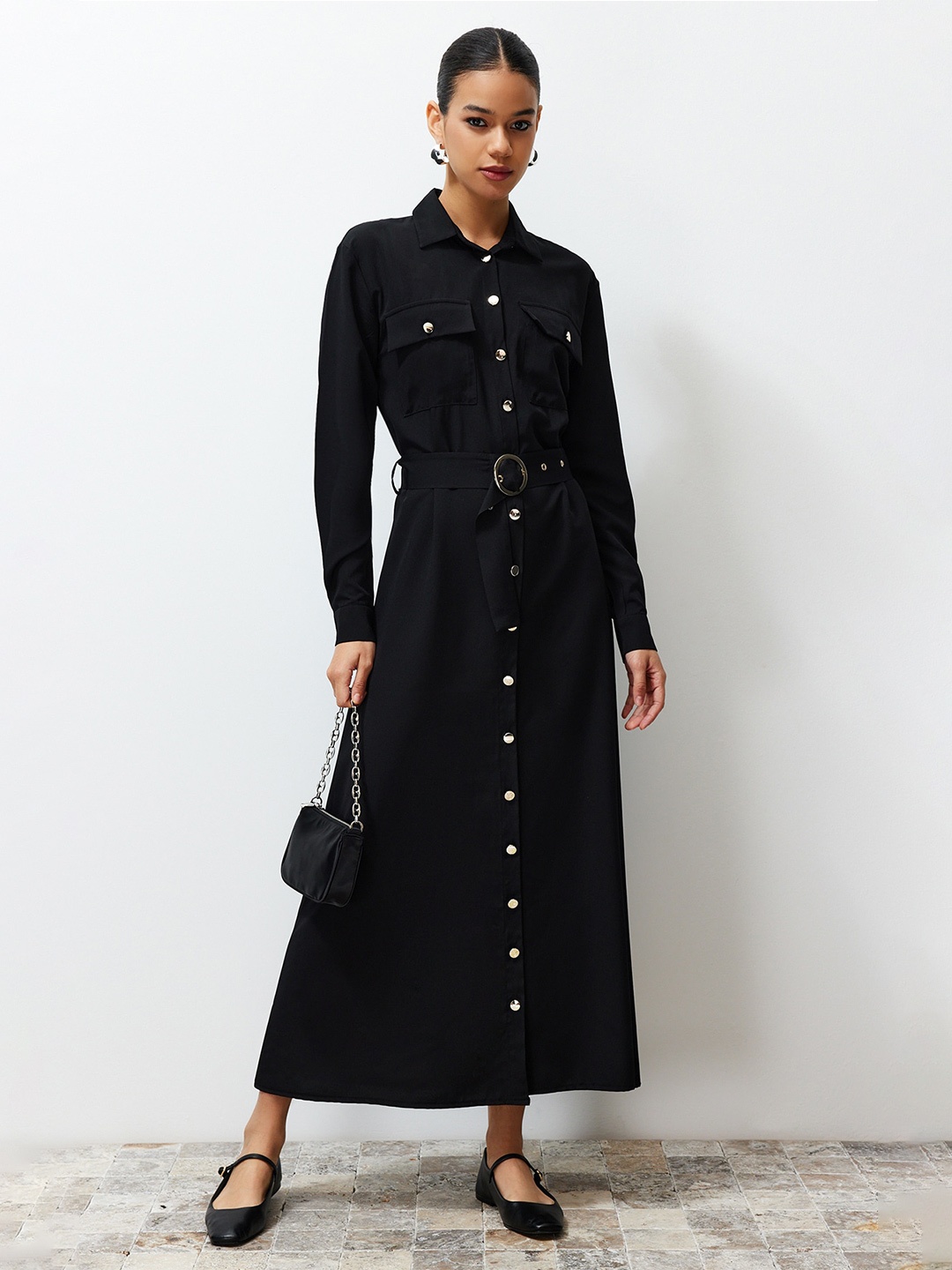 

Trendyol Shirt Collar Long Sleeves Shirt Maxi Dress, Black