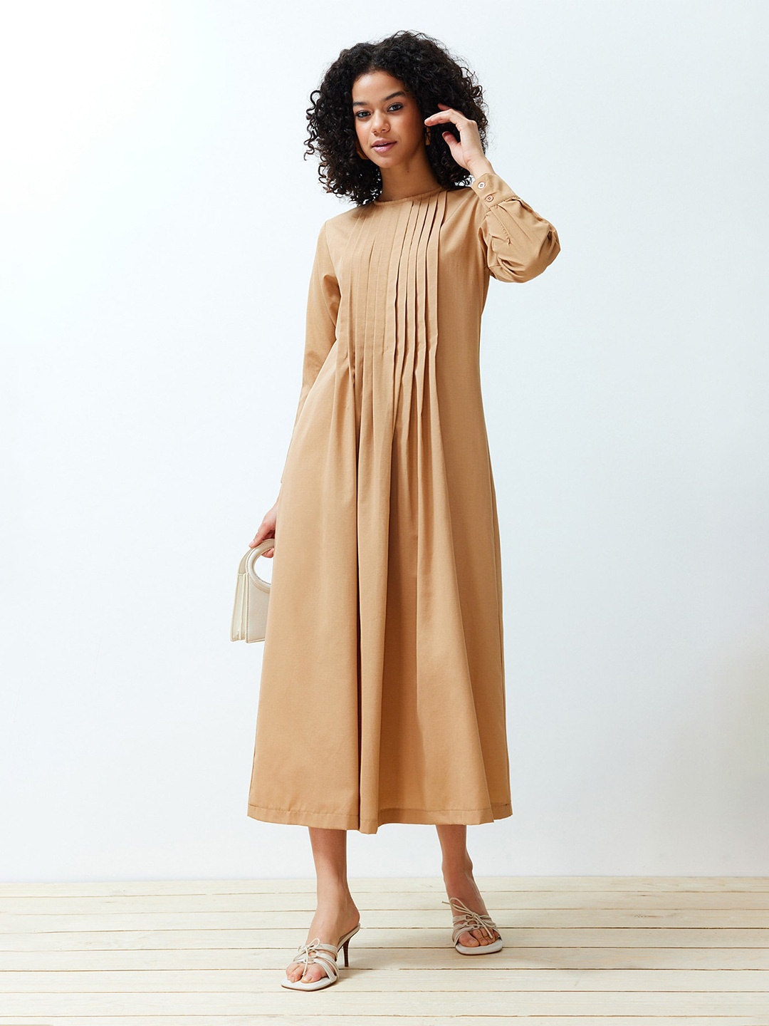 

Trendyol Round Neck A-Line Midi Dress, Beige