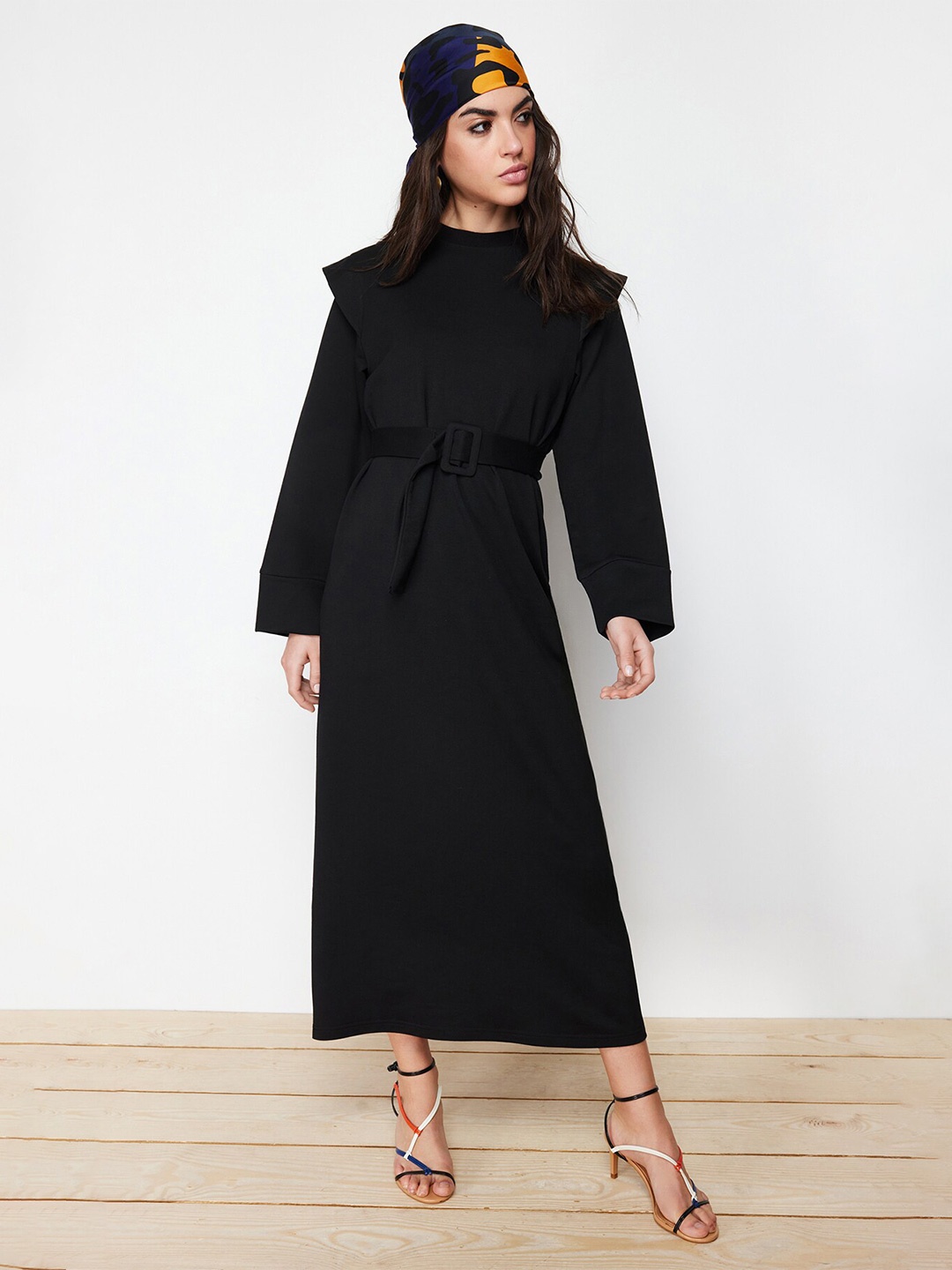

Trendyol High Neck Cotton A-Line Midi Dress, Black