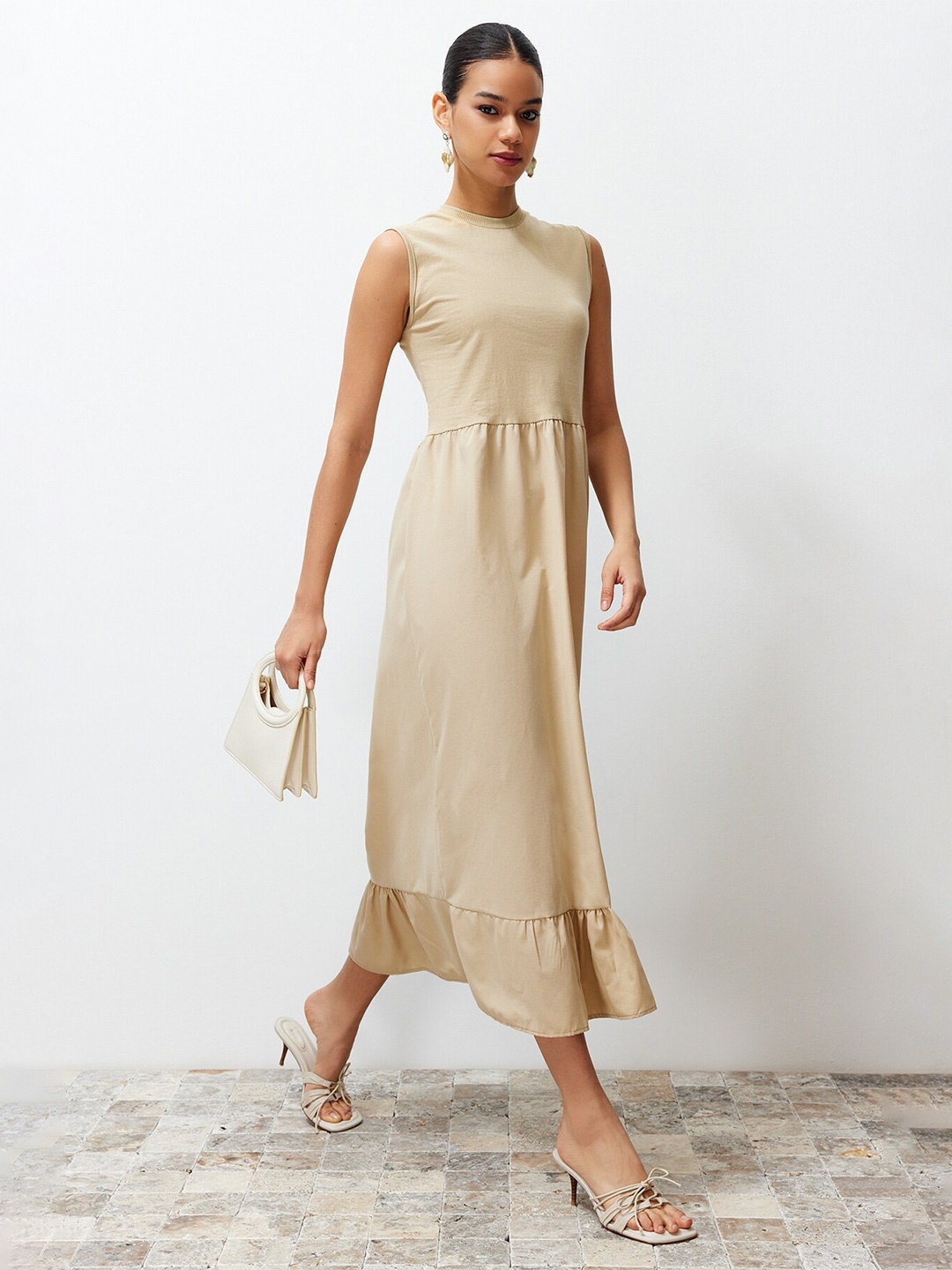 

Trendyol Pure Cotton Tiered Detail Fit & Flare Midi Dress, Beige